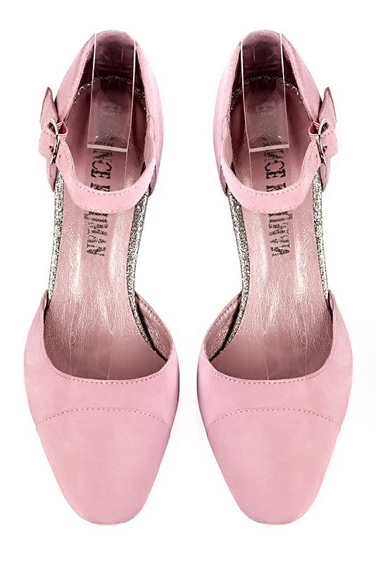 Carnation pink women's open side shoes, with an instep strap. Round toe. Medium block heels. Top view - Florence KOOIJMAN